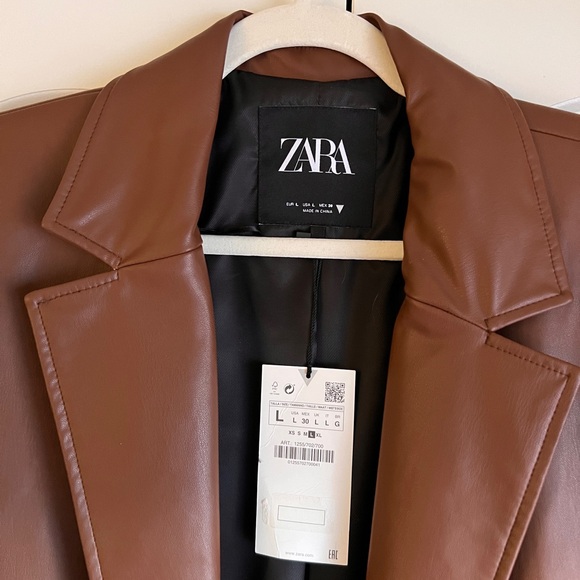 Zara Brown Faux Leather Long Coat NWT Size L | Quiet Luxury Trench Duster - Picture 2 of 5